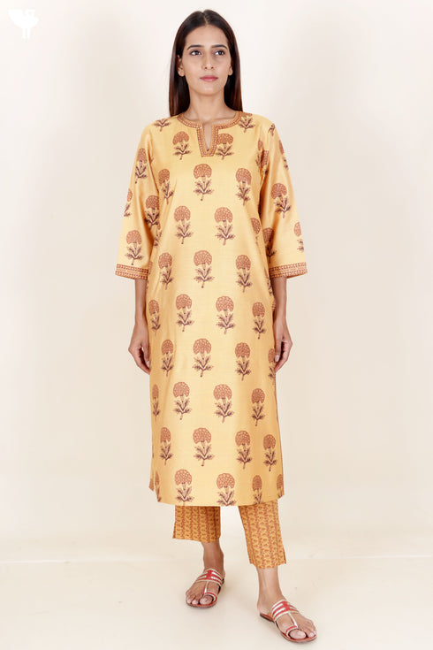 Tussar Cotton Kurta Pant And Dupatta Set In Floral Block Print